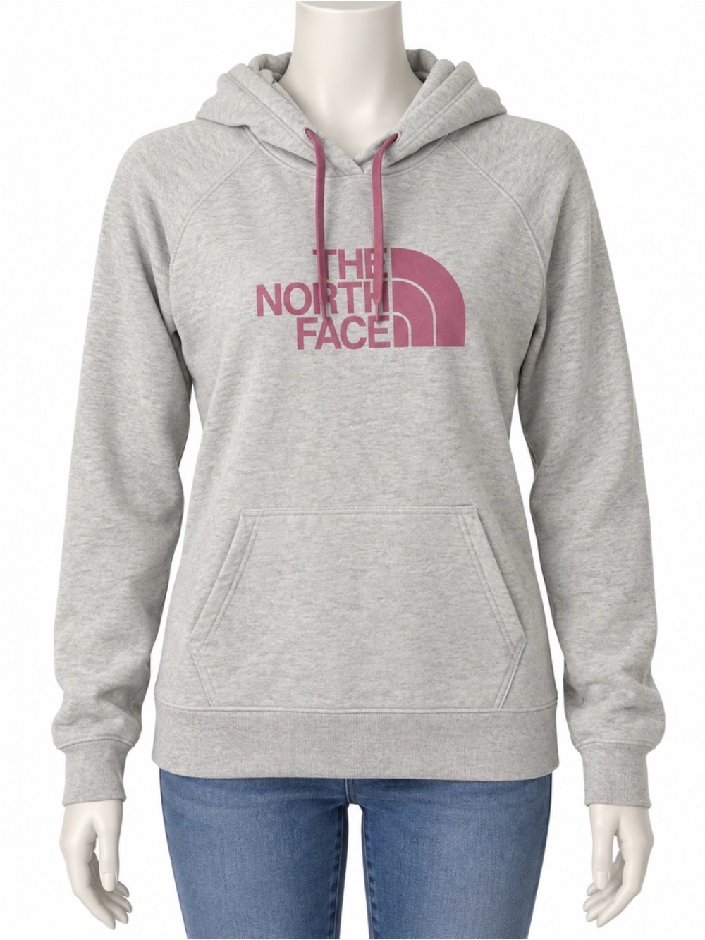 The North Face Light Gray Pullover Hoodie with Pink Logo